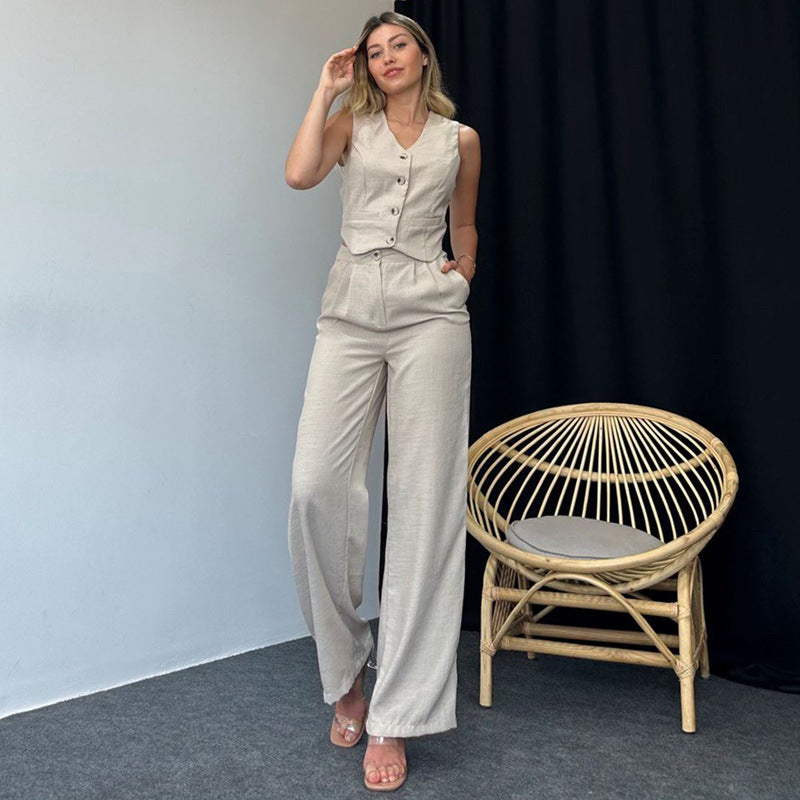 Women's fashion casual sleeveless slim solid color vest pants high-grade women's two-piece summer set - LODIMAE FASHION 