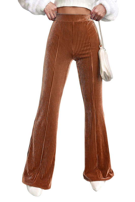 Chestnut Solid Color High Waist Corduroy Flare Pants - LODIMAE FASHION 