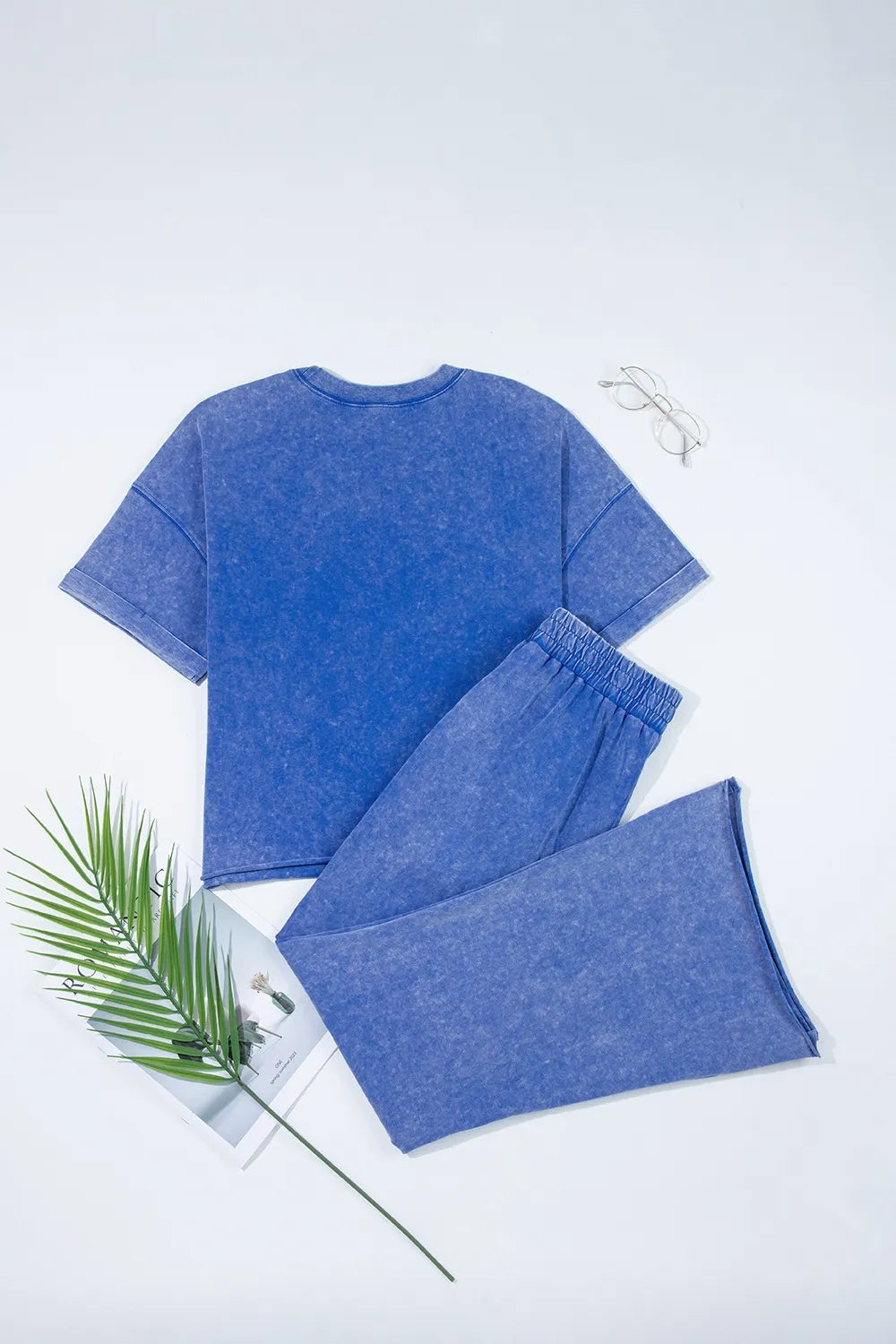 Acid Wash Star Patched Rolled Trim Top and Pants Set - LODIMAE FASHION 
