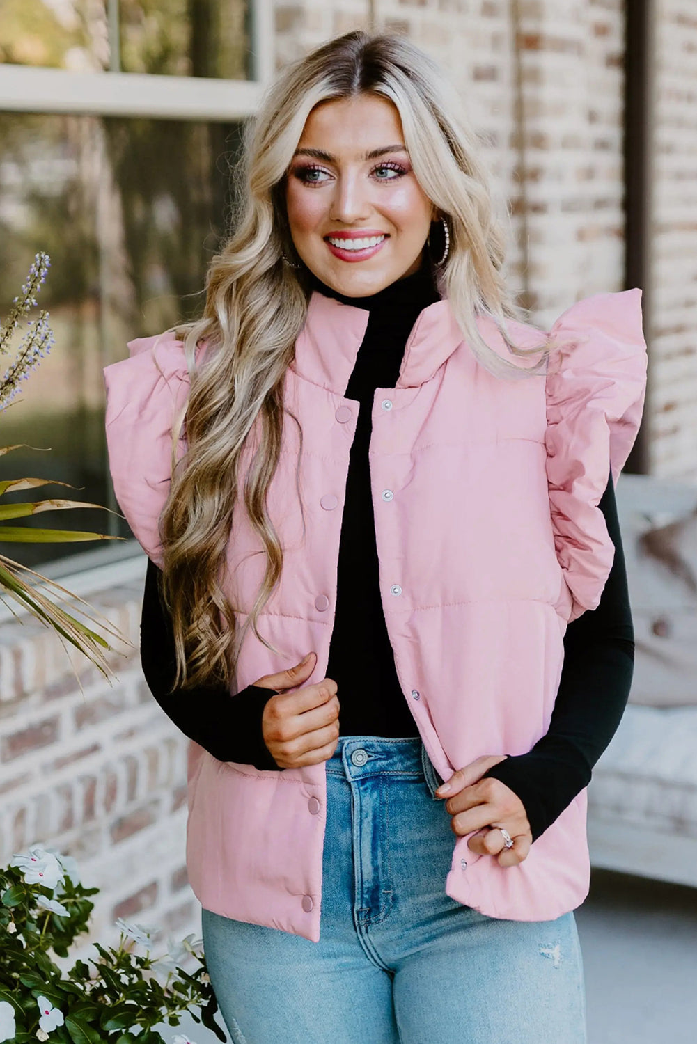 Pink Stand Neck Flutter Sleeve Snap Button Puffer Vest - LODIMAE FASHION 