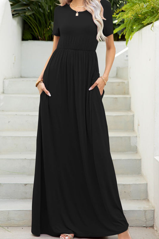 Round Neck Maxi Tee Dress with Pockets - LODIMAE FASHION 