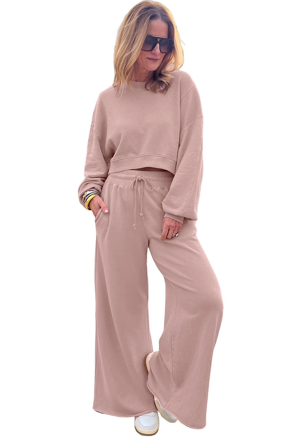 Bright Green Drop Shoulder Crop Pullover Drawstring Wide Leg Pants Set - LODIMAE FASHION 