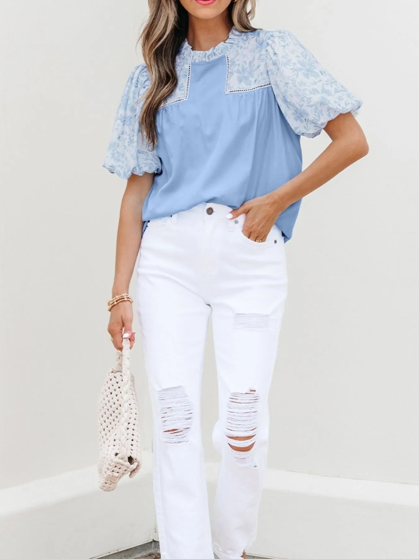Lace Insert Floral Puff Sleeve Patchwork Loose Blouse - LODIMAE FASHION 