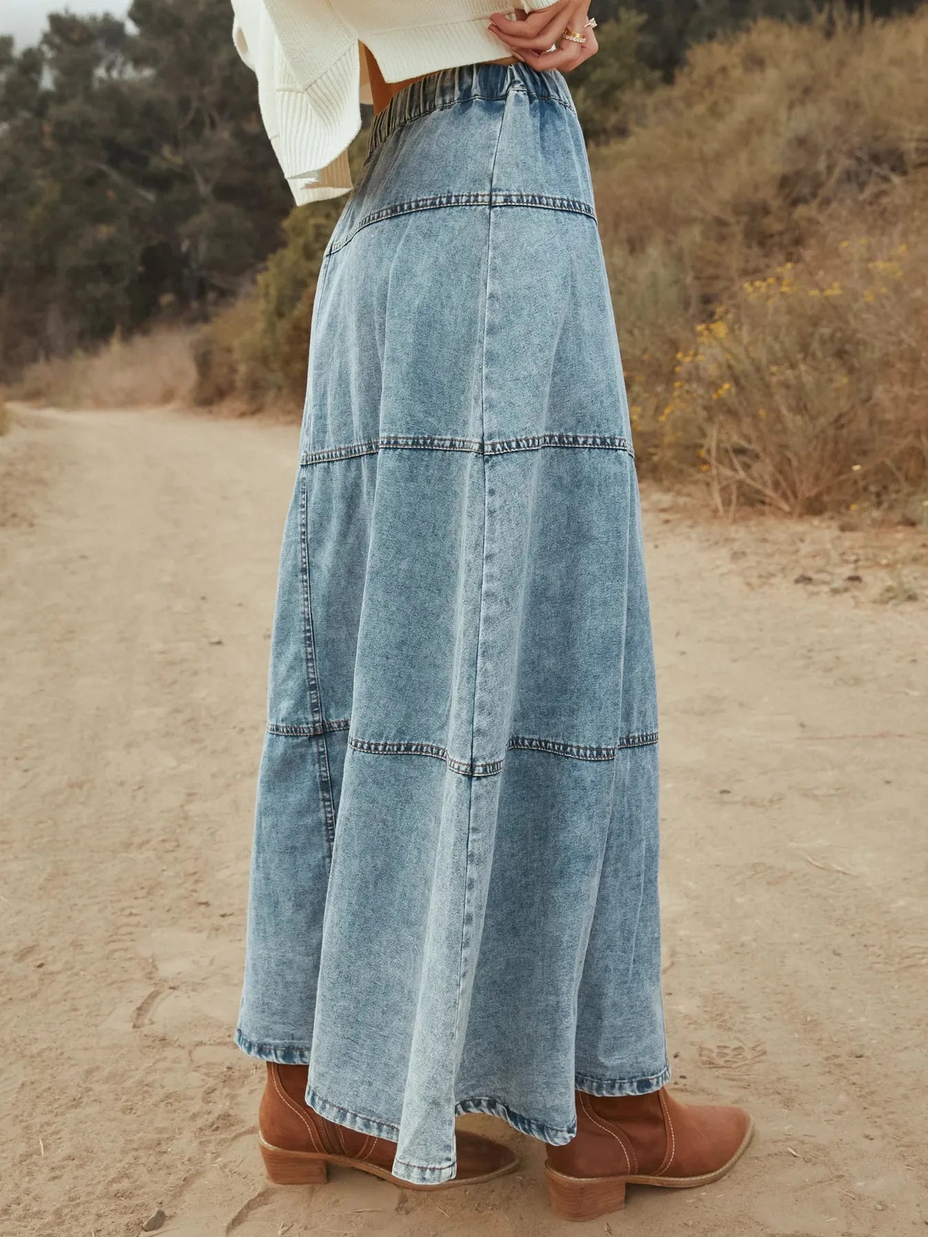 Button-Front Tiered Maxi Denim Skirt - LODIMAE FASHION 