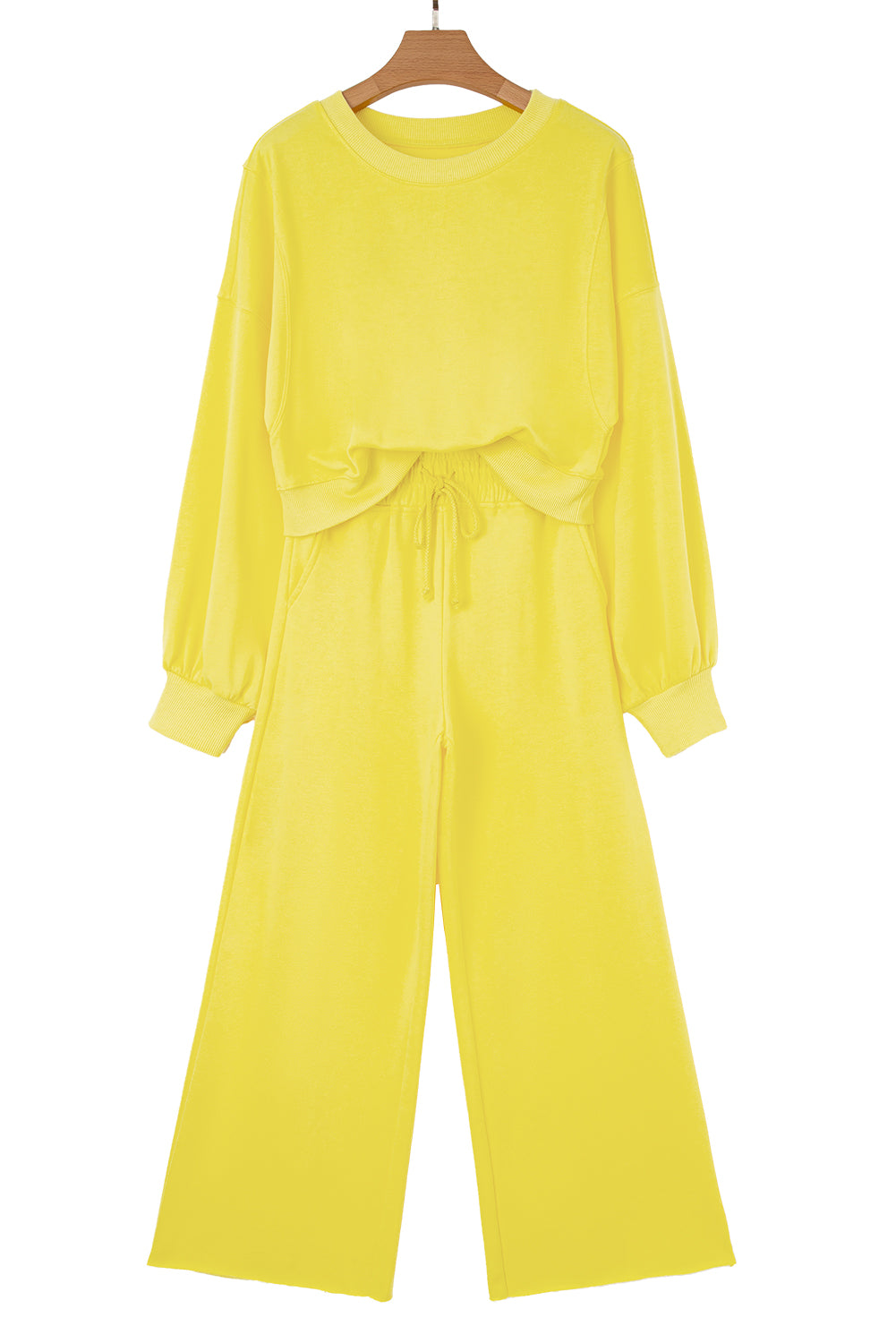 Bright Green Drop Shoulder Crop Pullover Drawstring Wide Leg Pants Set - LODIMAE FASHION 