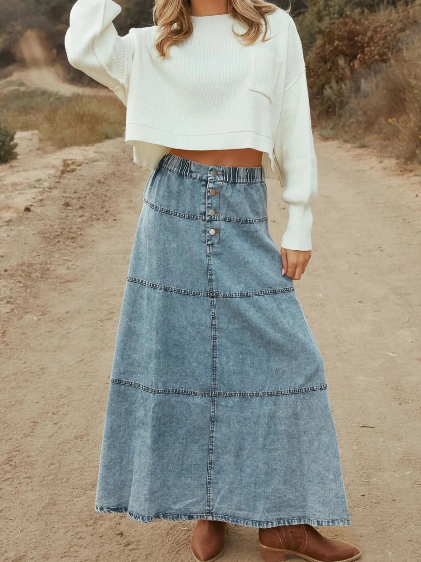 Button-Front Tiered Maxi Denim Skirt - LODIMAE FASHION 