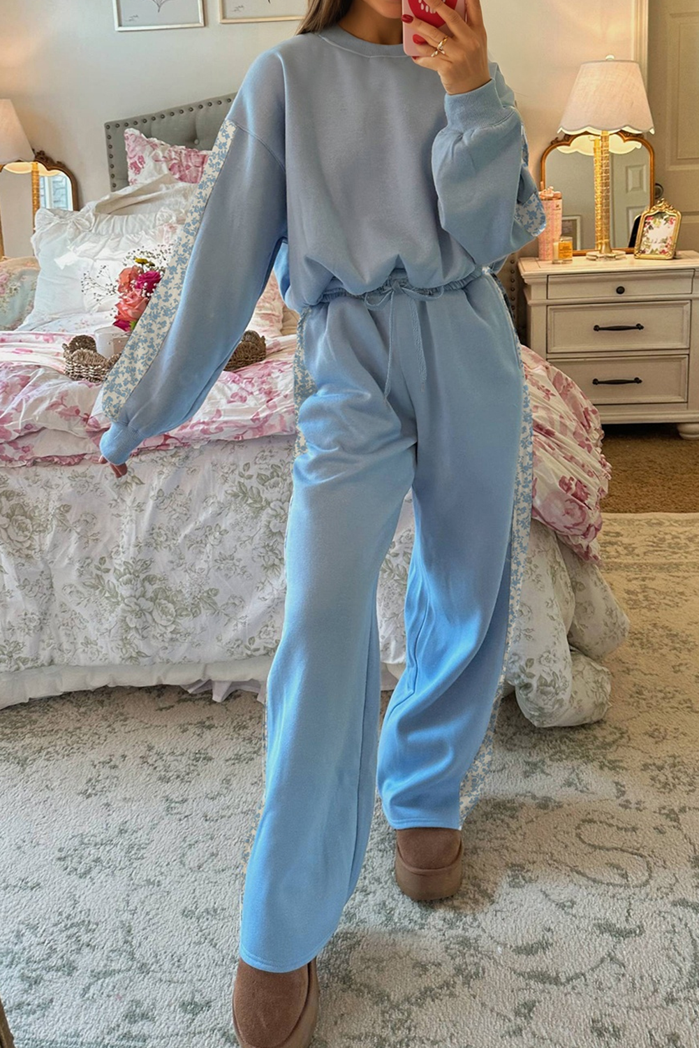 Floral Patchwork Pullover and Sweatpants Lounge Set - LODIMAE FASHION 