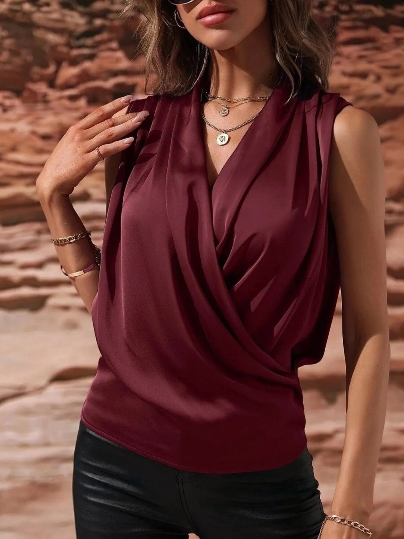 Sleeveless Wrap Draped  Blouse - LODIMAE FASHION 
