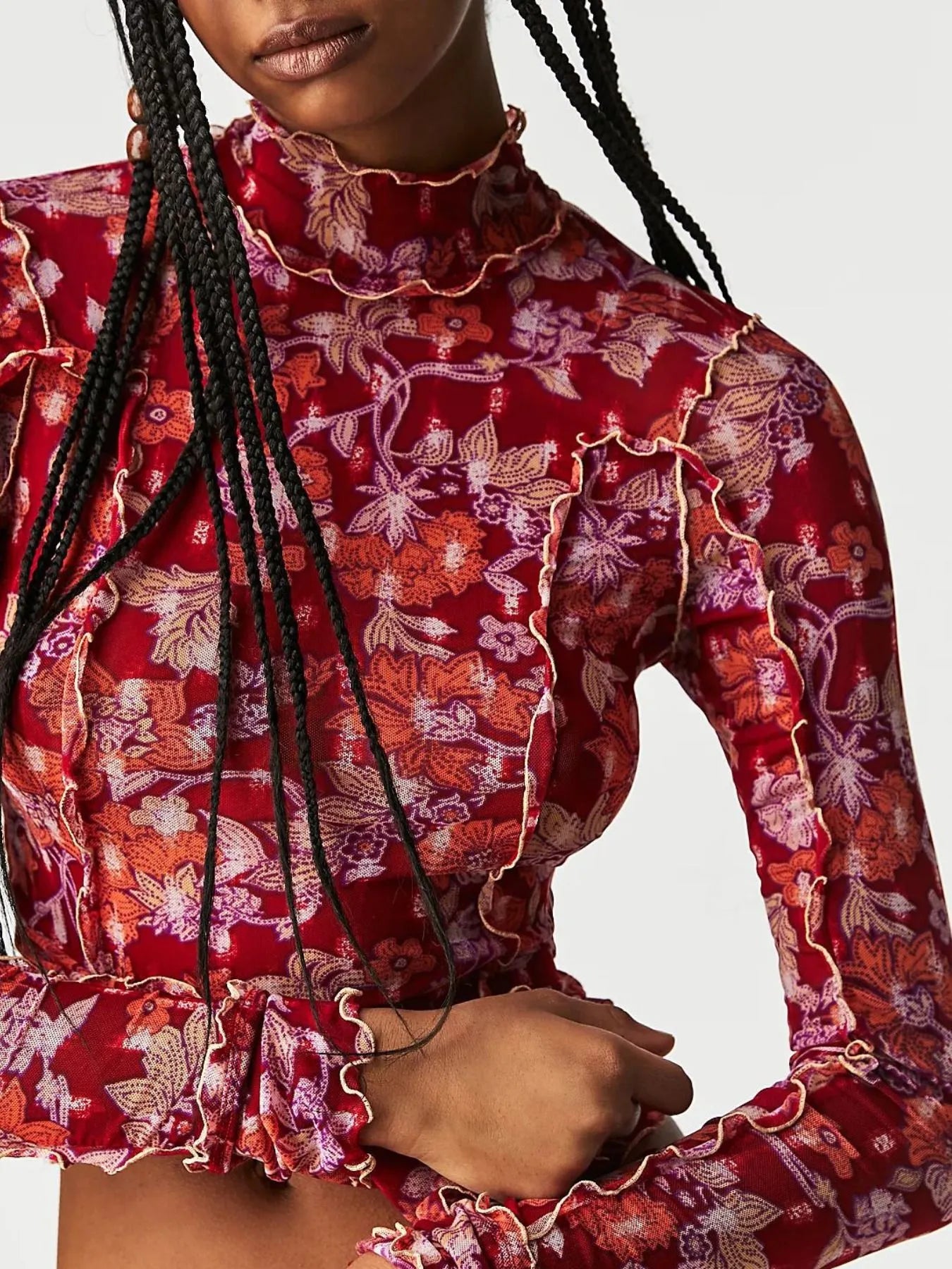 Floral Print Mock Neck Long Sleeve Top - LODIMAE FASHION 