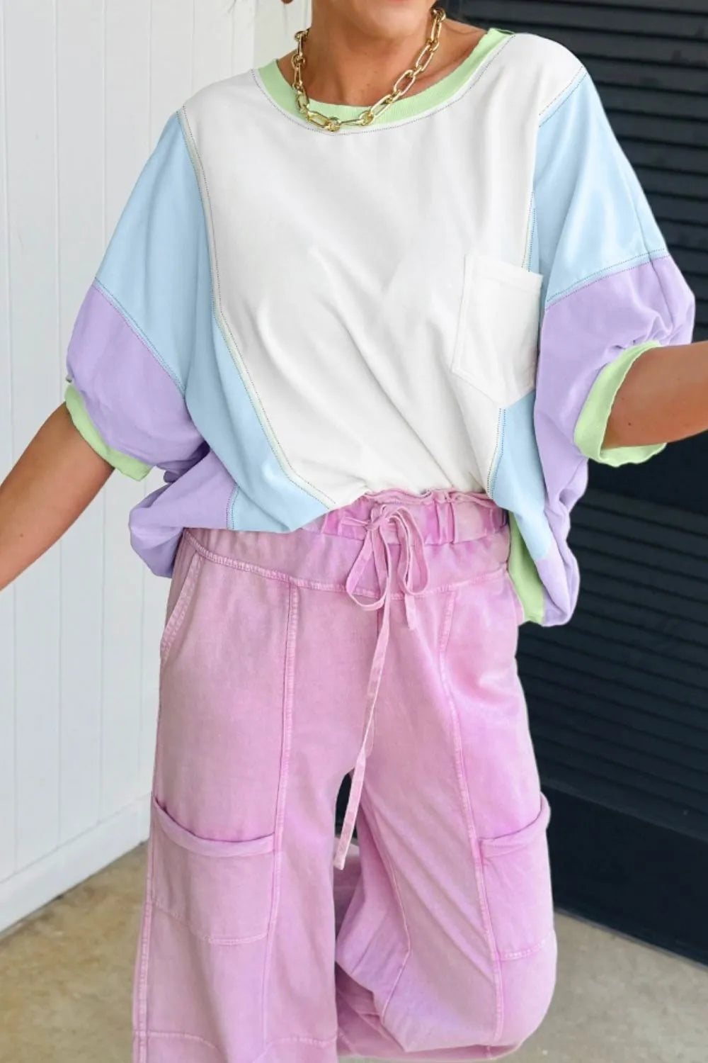 Color Block Patchwork Half Sleeve Oversized T Shirt - LODIMAE FASHION 