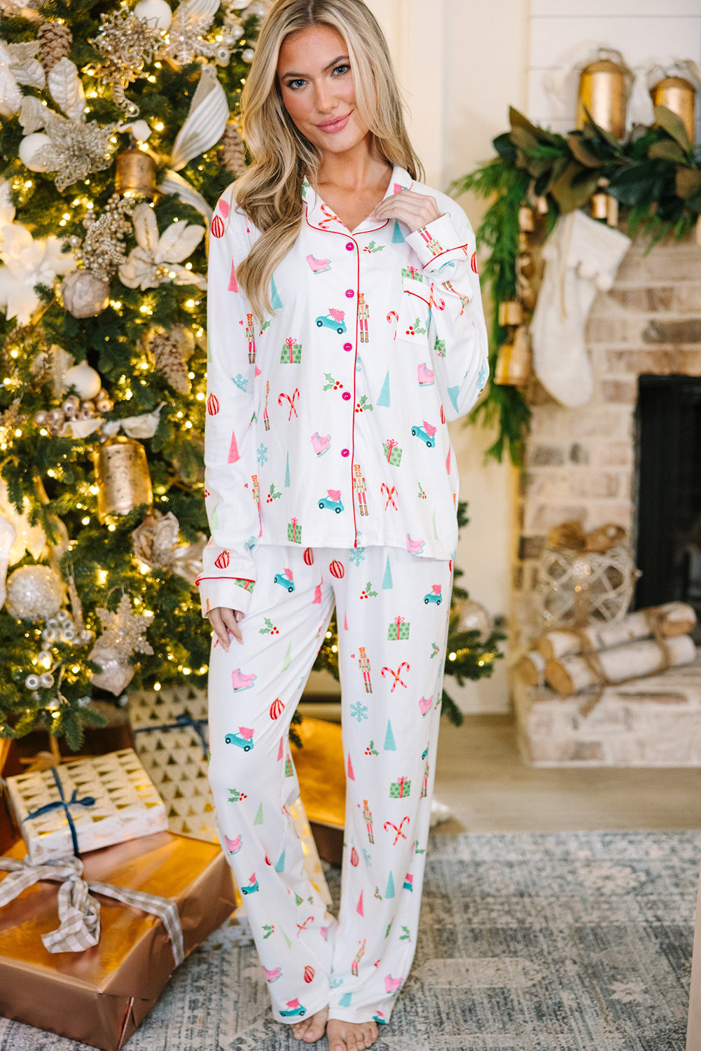 White Christmas Print Lapel Shirt and Pants Pajama Set - LODIMAE FASHION 