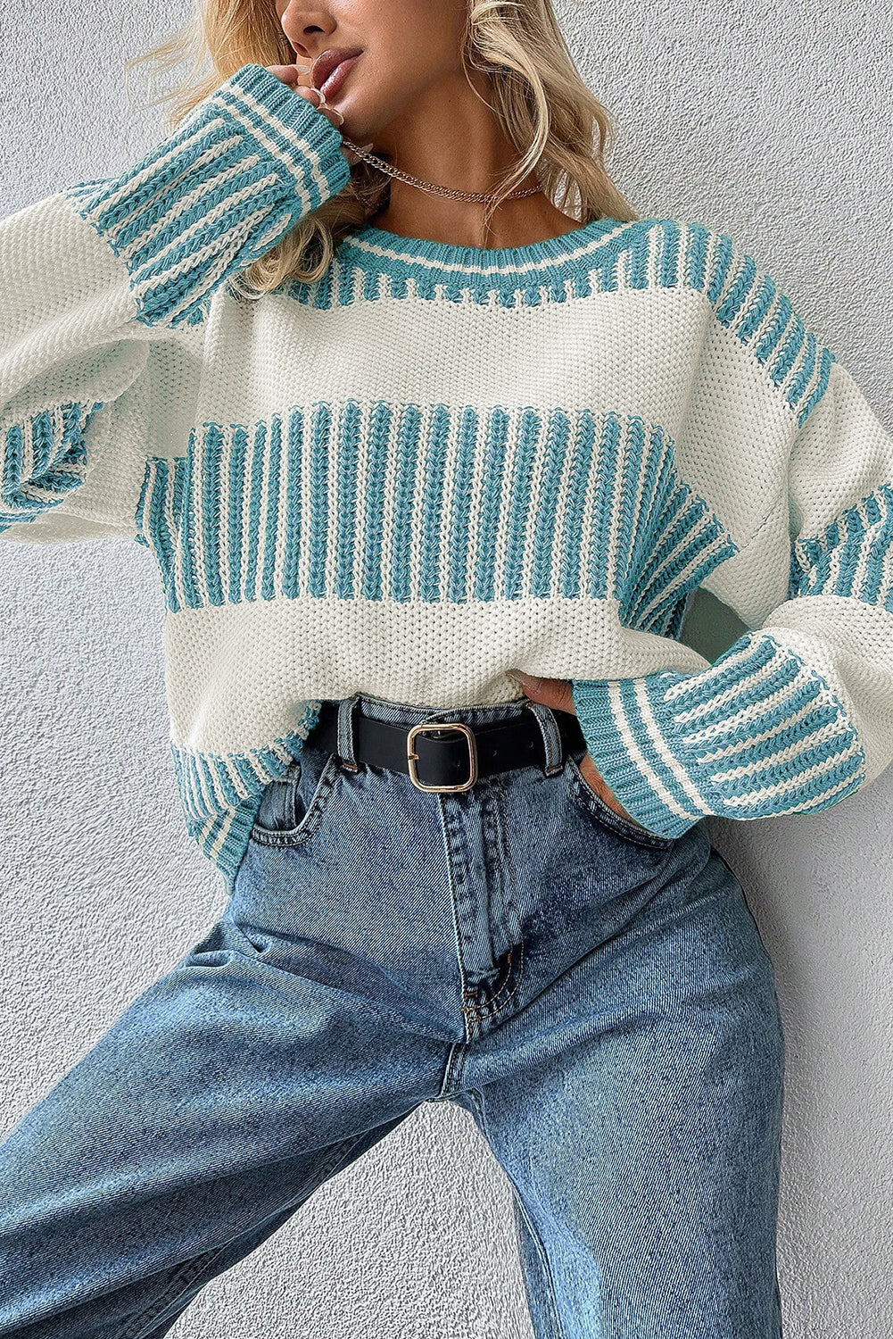 Khaki Two Tone Striped Patchwork Drop Shoulder Sweater - LODIMAE FASHION 