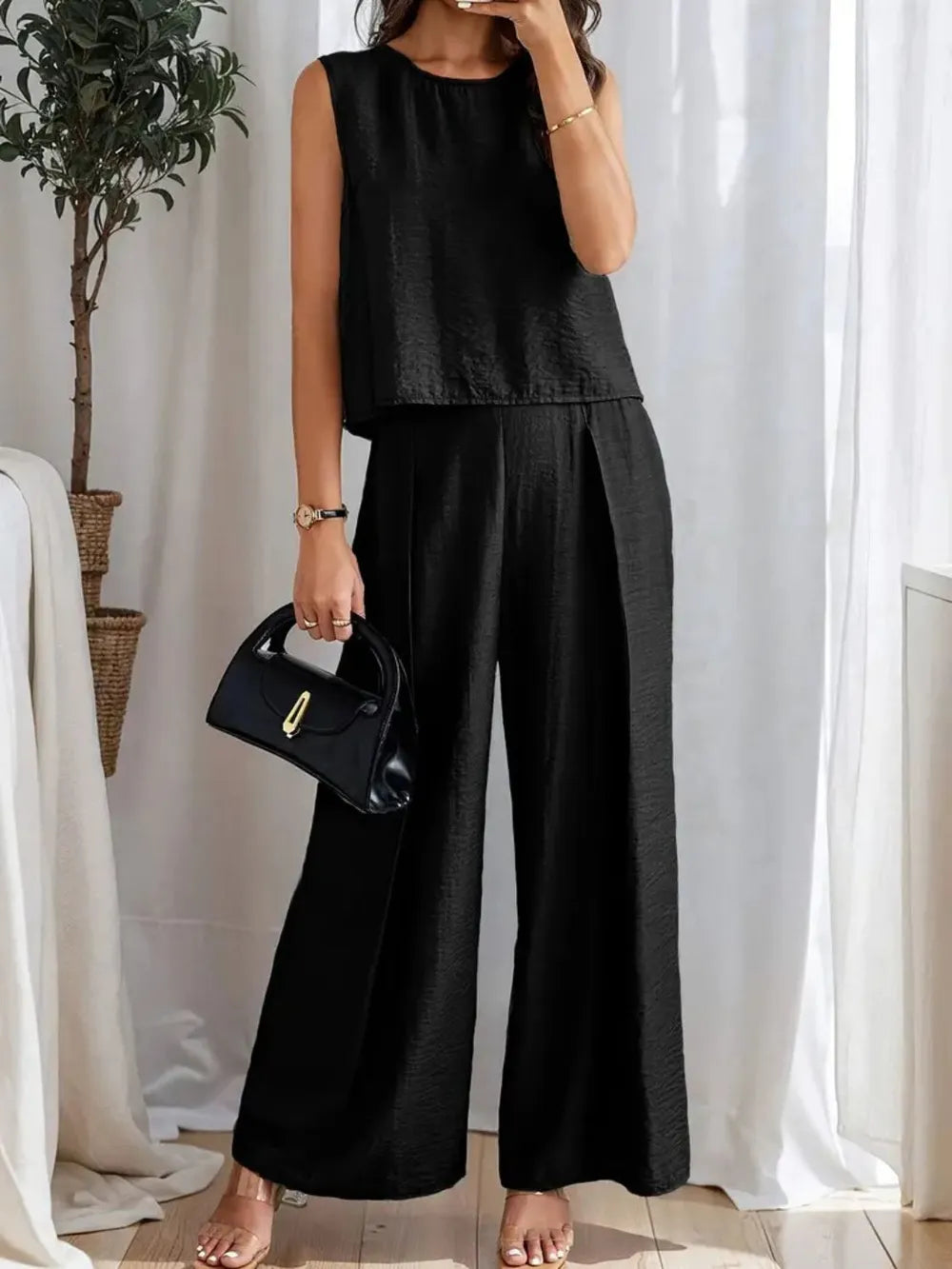 Round Neck Sleeveless Top and Wide Leg Pants Set - LODIMAE FASHION 