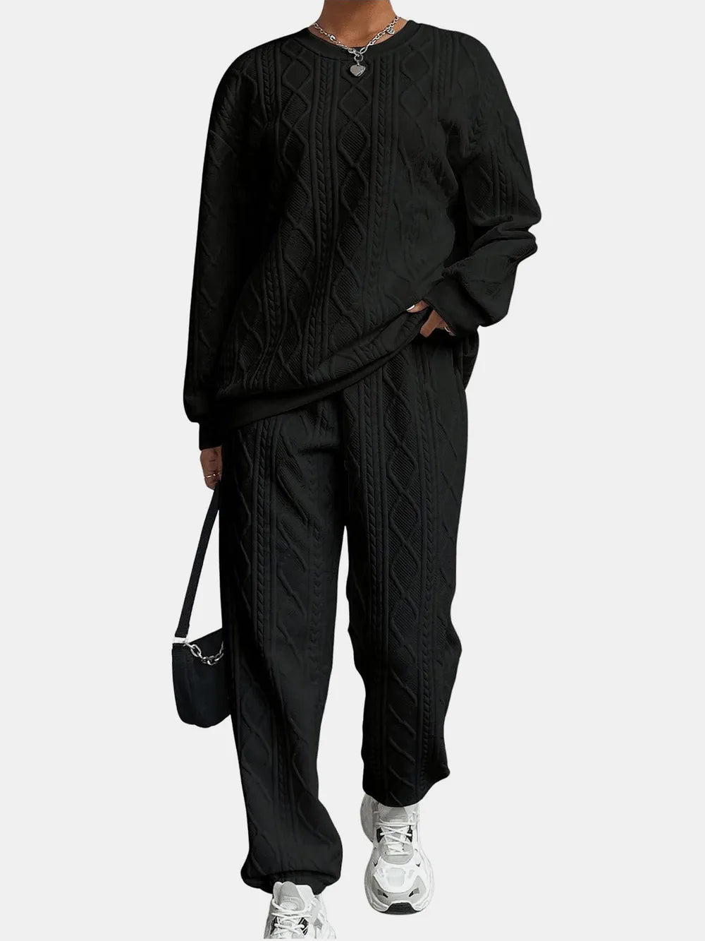 Texture Round Neck Top and Pants Set - LODIMAE FASHION 