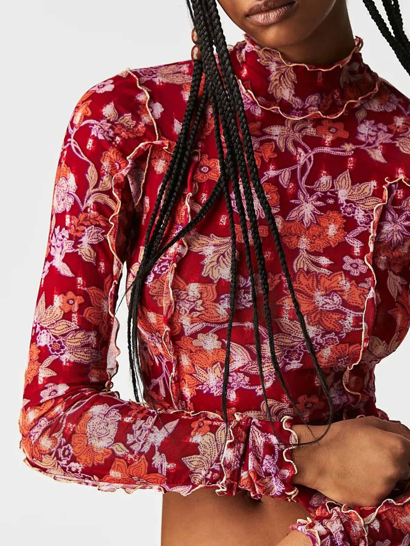 Floral Print Mock Neck Long Sleeve Top - LODIMAE FASHION 