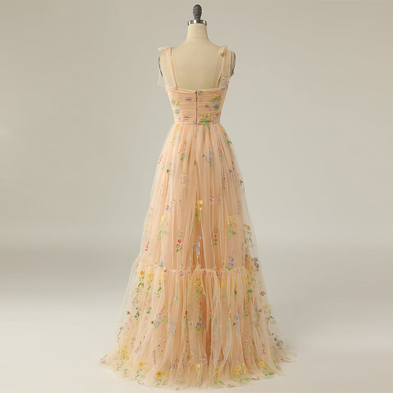 Long Niche Strap Embroidered Heavy Work Floral Dress - LODIMAE FASHION 