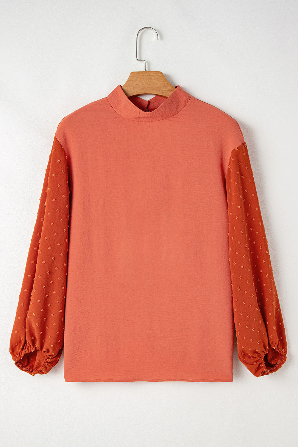 Russet Orange Swiss Dot Balloon Sleeve Patchwork Crinkle Blouse - LODIMAE FASHION 