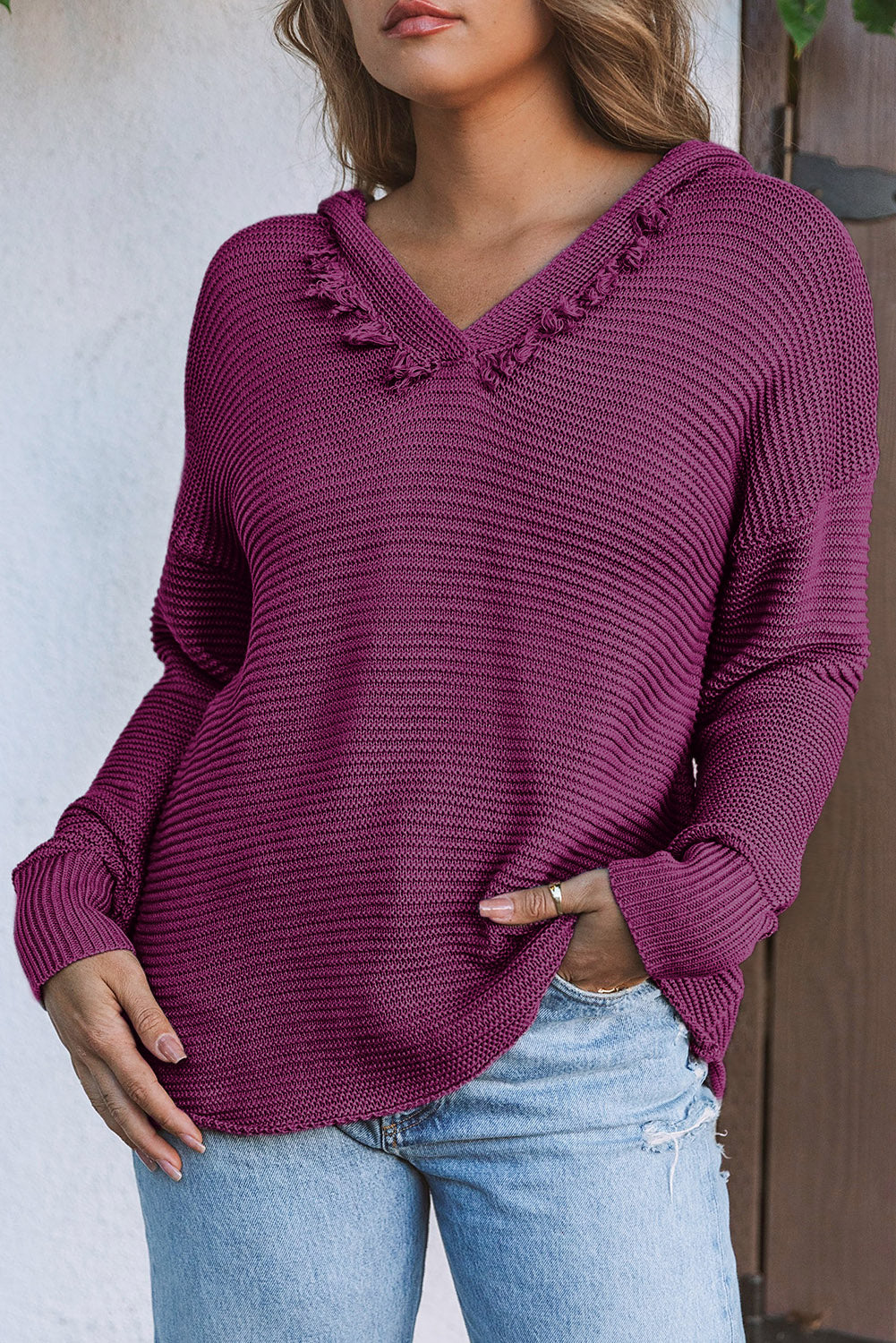 Black Split V Neck Pullover Knit Hooded Sweater - LODIMAE FASHION 