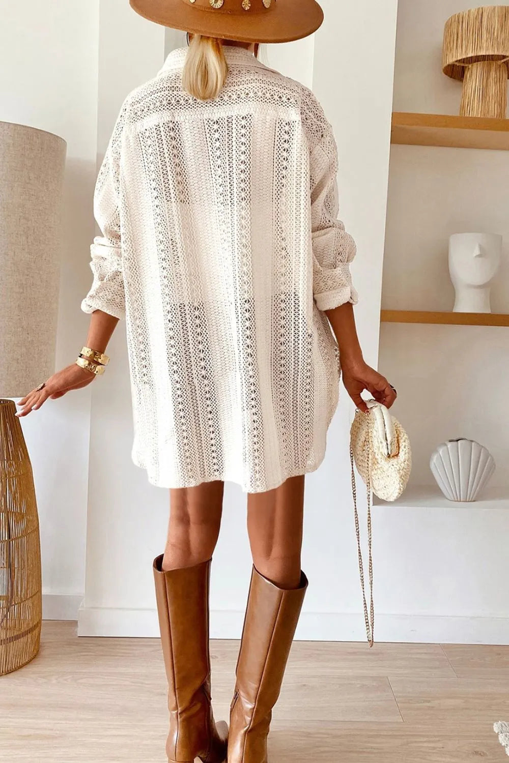 Lace Crochet Collared Neck Oversized Shirt - LODIMAE FASHION 