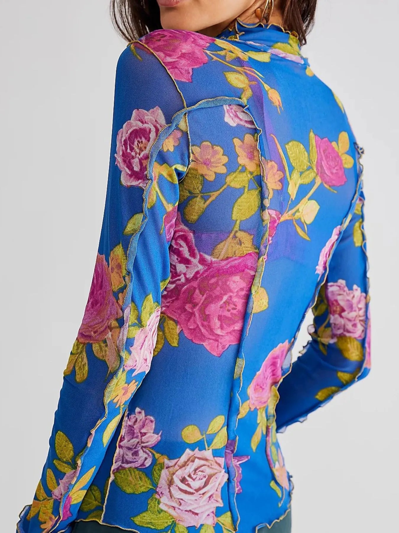 Floral Print Mock Neck Long Sleeve Top - LODIMAE FASHION 
