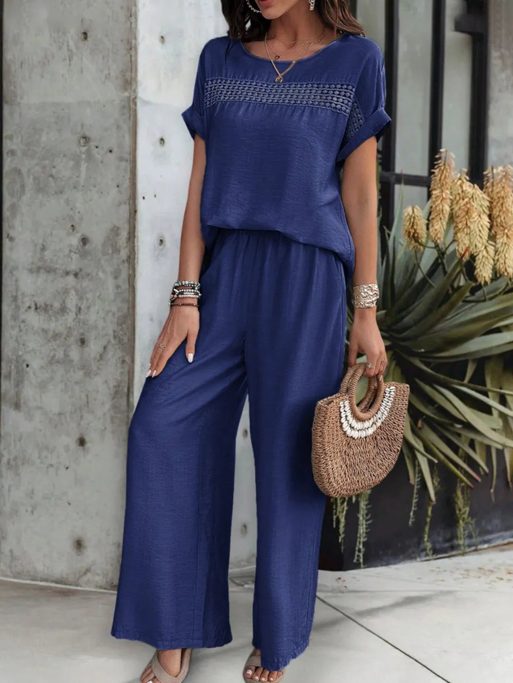 Round Neck Short Sleeve Top and Pants Set - LODIMAE FASHION 