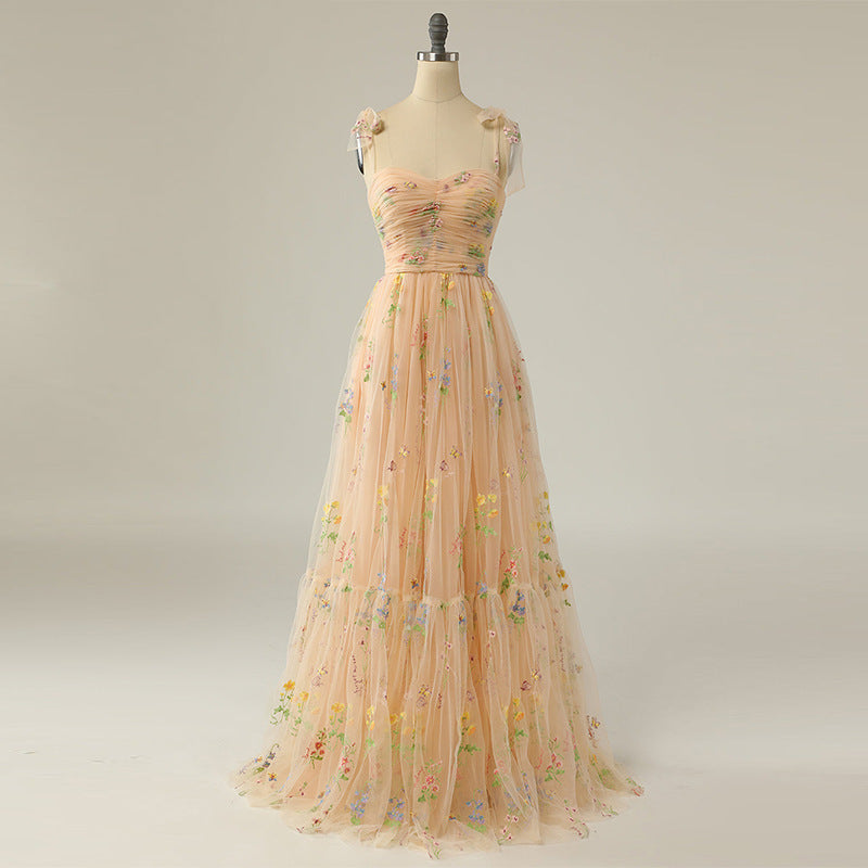 Long Niche Strap Embroidered Heavy Work Floral Dress - LODIMAE FASHION 