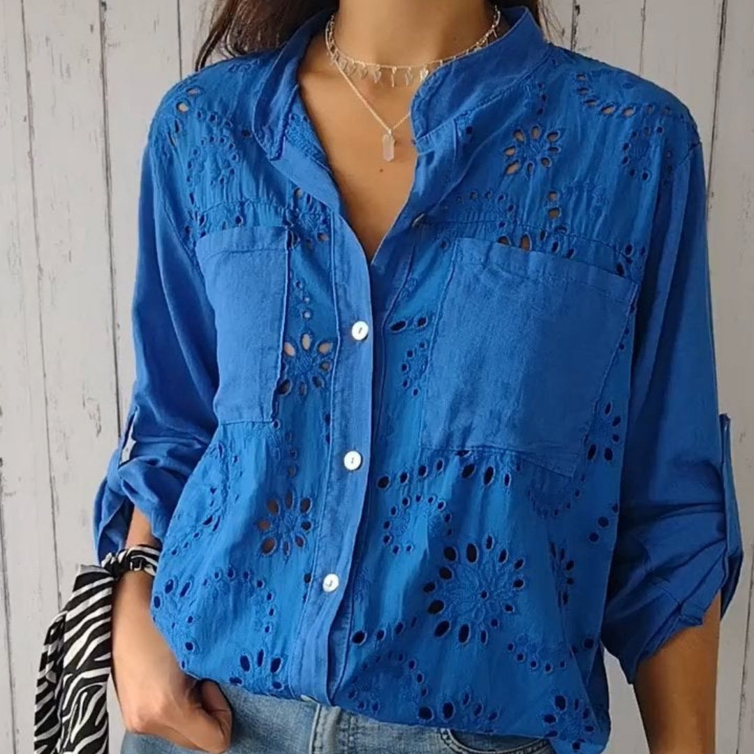 Women's Casual Hollow-out Design Pocket Long Sleeve Button-down Shirt - LODIMAE FASHION 