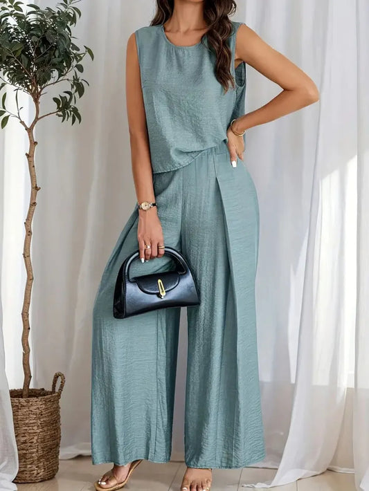 Round Neck Sleeveless Top and Wide Leg Pants Set - LODIMAE FASHION 