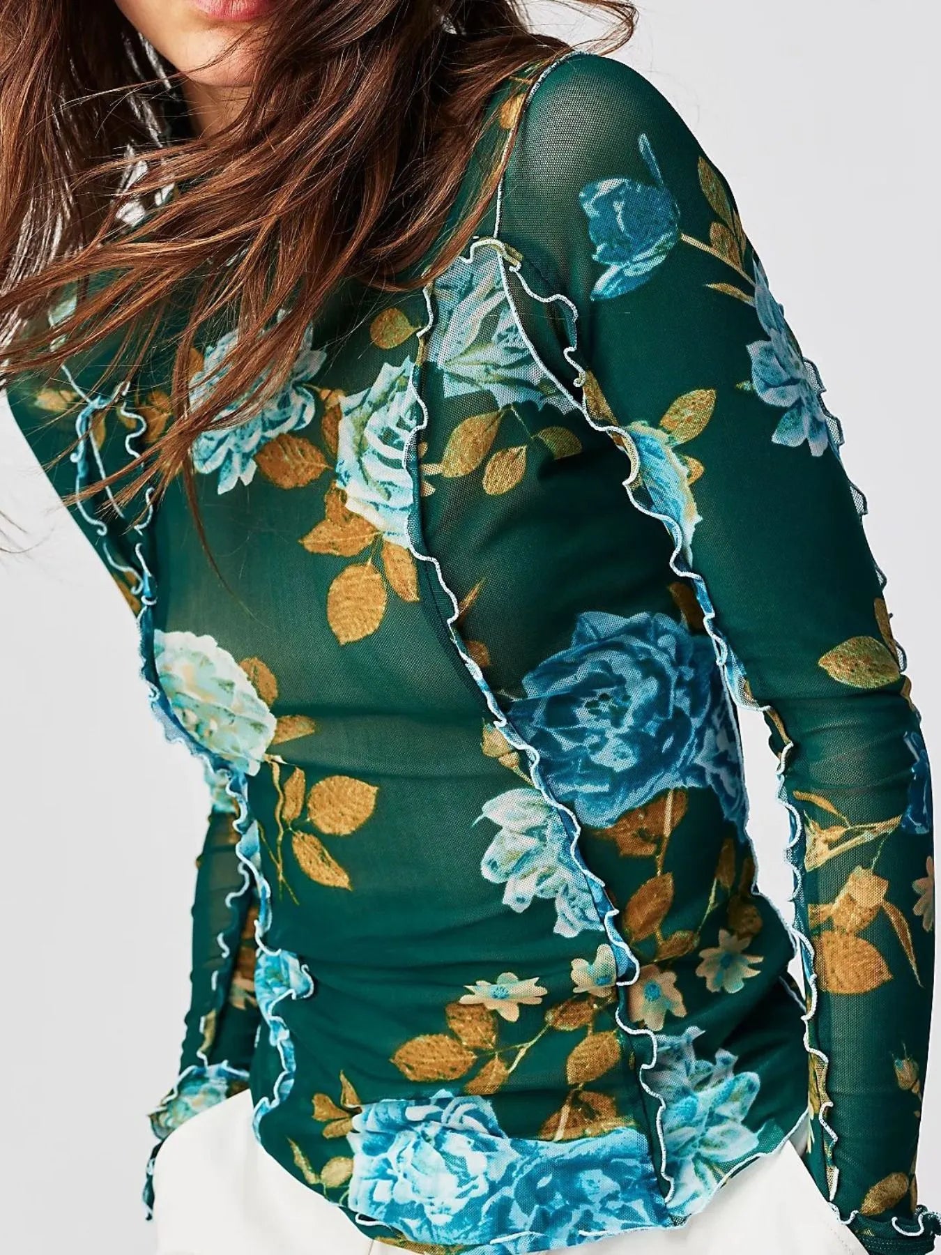 Floral Print Mock Neck Long Sleeve Top - LODIMAE FASHION 